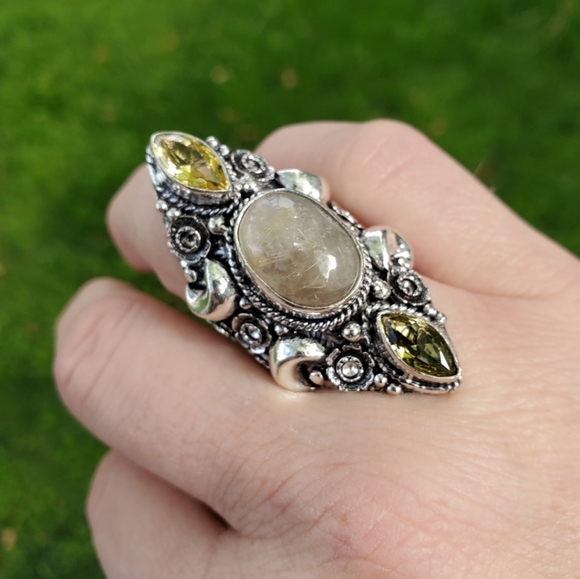 New Golden Rutile and Citrine Crescent Moon 925 Silver Statement Ring. - Picture 10 of 16